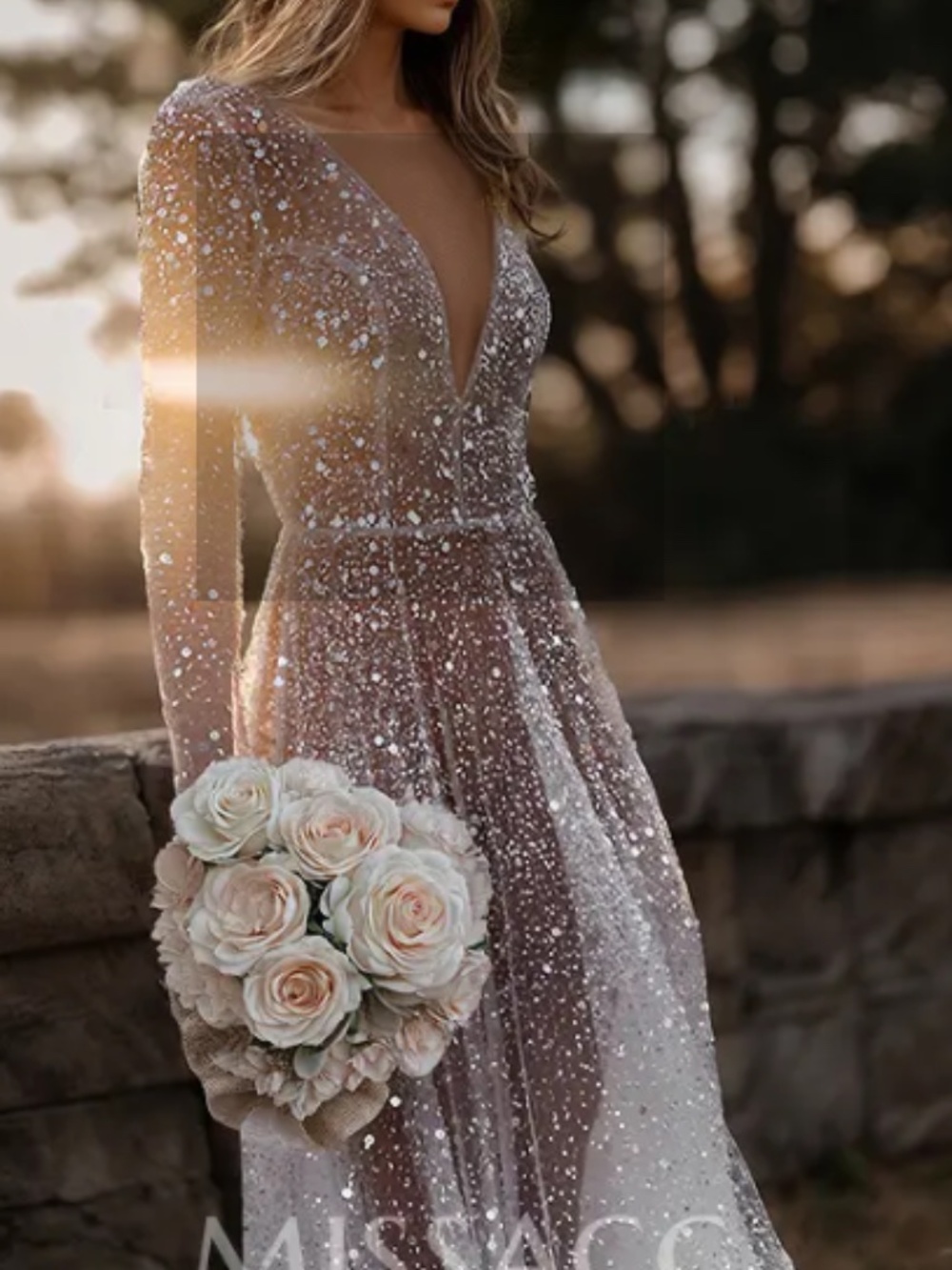 Missacc Wedding Dress Size 22W NWT Pearl Sequin Long Sleeve Open Back